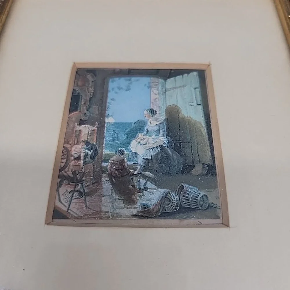 Vintage Baxter Le Blond Print Framed Matte Lady Child Doorway 7x6
